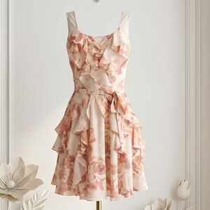LC Lauren Conrad Chiffon Floral Ruffle Mesh-Back Fit & Flare Dress